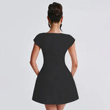 Square Neck Short Sleeve A-Line Solid Mini Dress-Outfit