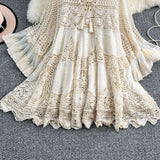 Fongt Dali Tourism Holiday Dress Women New Gentle Wind Tied V Tie Horn Sleeve Hollow Knitting Short