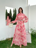 Fongt Light Luxury Temperament Dress Female High-End Feel Strapped Waist Three-Dimensional Flower Lantern Sleeve Print Dress