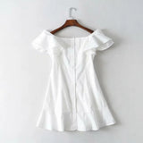 Summer boho off shoulder dress women buttions ruffle sexy vintage white beach dress elegant korean mini short