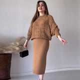 Fongt 2023 New Fashion Solid Color Hollow-Out Round Collar Top Casual Knit Skirt Suit-Outfit