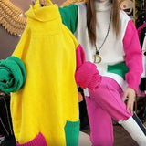 Colors Patchwork Knitted Sweaters Autumn Winter Turtleneck Female Clothing Commute Stylish Pockets Korean Loose Jumpers-Outfit