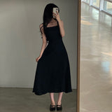 Fongt Chic Summer French Hepburn Wind Square Collar Dew Collarbone Waist Show Thin Big Pendulum A Line Dress Woman-Outfit