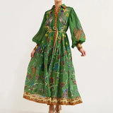 Fongt Women's New Retro Print Lantern Sleeve Waist Large Hem Dress