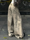 Fongt Water Wash Retro To Do Old Work Clothes High-Waist Jeans Babes BF Wind Straight Loose Leisure Trousers