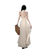 Chic Stunning Sleeveless Collar Hanging Neck Dress Summer New Gentle Temperament Closed Waist Show Thin Long Skirt-Outfit