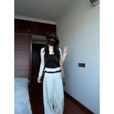Fongt Rice White Temperament Spliced High-Waisted Casual Pants Women Spring New Small Loose Broad Legs Long Trousers