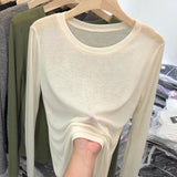 Fongt Round Neck Long-Sleeved T-Shirt Sunscreen Women's Spring 2024 New Korean Version Slim Solid Bottom Top Women-Outfit
