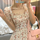 Elegant Floral Dress Women Lace Up Designer Backless Sexy Mini Dress French Retro High Waist Chic Party Sweet Dress