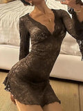 Lace V Neck Trumpet Sleeve Mini Dress-Outfit