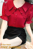 Fashion New Petal Sleeve Solid Color Single Breasted Blouses 2023 Summer Peter Pan Collar Chic Top office lady Shirt