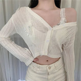 Summer V-neck Short Knitted Sweaters Korean Butterfly Thin Cardigan Long Sleeve Sun Protection Crop Top Ropa