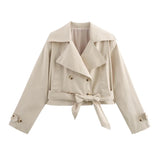 Fongt Autumn New Women's Double Buckle Belt Dress Short Wind Coat