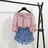Summer two piece set New Off Shoulder Loose Half Lantern Sleeve Solid Cute Blouse Jean Shorts Two-Piece Outfit Casual