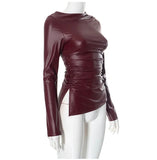Faux Leather Long Sleeve Ruched Top-Outfit