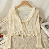 Ruffles Cardigan Slim Women Casual Transparent Sweater Shirts Lady Thin Solid Coats Female Crop Top-Outfit