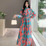 Fongt Women's Autumn Dress French Bubble Sleeves Long Heavy Industry Pressure Folds High-Grade Chiffon Floral Fall-In-Action Dress