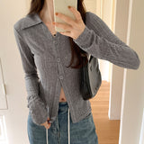 Straightens The Shoulder Knitted Cardigan Jacket, A New Slim, Striped Long-Sleeved Blouse In Early Autumn-Outfit