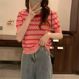 Fongt Ice Silk Striped Knitted Short-Sleeved T-Shirt For Women's 2023 Summer New High-Waisted Loose Bubble Sleeve Short