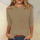 Fongt Women's Top With A Round Collar Seven-Sleeve Solid Color T-Shirt-Outfit