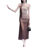 Fongt Summer New Women's Gradient Mesh Perspective Double Layer Slim Receive Purse Hip Dress-Outfit