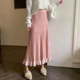 Pleated Patchwork Mid-length A-line Knitted Skirt-Outfit