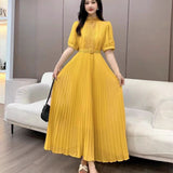 Fongt Elegant Half-High Collar Bubble Sleeve Pressure Folding Dress With Thin Temperament Female Chiffon Long Dress