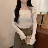 Word Shoulder Knitted Bottom Sweater Underwear Sweater Autumn And Winter Minority Design Chic Short Blouse-Outfit