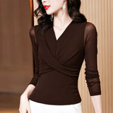 Fongt Shoot New Foreign Style Fashion Versatile V-Neck Long Sleeve Solid Color Temperament Mesh Bottom Shirt T-Shirt-Outfit