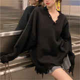 Fongt New Autumn-Winter 2023 V-Neck Sweater Female Loose Long Sleeve Lazy Wind Jacket Sweater Niche Style Broken Hole Sweater-Outfit