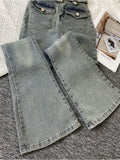 Women Slim Pocket Flare Jeans Retro Solid High Waist Y2K Fashion Basic Autumn Ladies Streetwear Denim Wide Leg Pants With