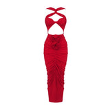 Red Dresses For Women Sexy Backless 3D Flowers Design Sleeveless Draped Long Dress Party Evening Vestidos-Outfit
