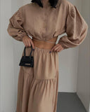 Fongt New With Long-Sleeved Top Folded Open Skirt Suit