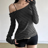 Fongt Cloth Forgets The Oblique Shoulder Stripes Thin Slim Long-Sleeved T-Shirt Sexy Bare Shoulders Simple Thin Casual Top