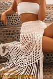 Women’s Sexy Bikini Cover Up Sheer Hollow Out Beach Dress Maxi Knit Skirt Split Tassels Crochet Cover Up Skirts Beachwear
