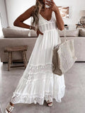 Casual Women V Neck Beach Dress Lace Patchwork Solid Bohemian Maxi Dress Hollow Out Sleeveless Female Slim Tassel