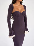 Solid Long Flared Two-piece Crop Sleeve Midi Dress-Outfit