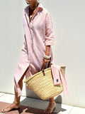 Fongt Women's New Five-Sleeve Striped Open-Shirt Shirt Dress 8061