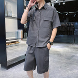 Men's Set Korean Casual Striped Short Sleeve Shirts Knee-length Elastic Shorts Chest