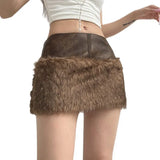 Fongt Cloth Forget Retro Brown Low-Waisted Umbilled Zip Hair Short Skirt Design Leather Splicing Bag Hip Skirt