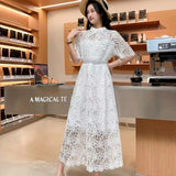 Fongt Retro High-End Squealing Hook Lace Dress Women's Summer Waist Thin Temperament A-Word Fairy Dress