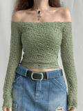 Off Shoulder Mesh Long Sleeve Blouse-Outfit