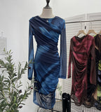Vintage Tie-Dye Printing Irregular Folded Mesh Yarn Body-Body-Sleeve Dress