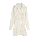Women Fashion Srping Pleated Soft Touch Wrap Mini Dress Vintage Long Sleeve Side Buttons Female Dresses Vestidos