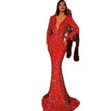 Fongt Winter New Women's Dress Fishtail Red Bright Crystal Long Sleeve V-Neck Dress Long