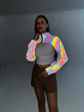 Dazzling Reflective Short Coat Women's Fantasy Luminous High Waist Standing Collar Jacket Plus Size Zipper Smock-Outfit