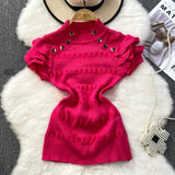 Ruffles Short Sleeve Buttons Sweater Jumpers Girls Stretchy Chic Sweaters Pullovers Tops Women Knitted Tee Shirts-Outfit
