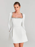 Square Collar Diamond Long Sleeves White Mini Dress-Outfit