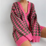 Houndstooth V-neck Knitted Cardigan Women Long Sleeve Female Sweater Coat Fashion Autumn Sweet Ladies Oversized
