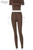 Solid Women Two Piece Set Short Sleeve Gym Top Crops Leggings Skinny Sporty Tracksuit 2023 Spring Summer Outfit